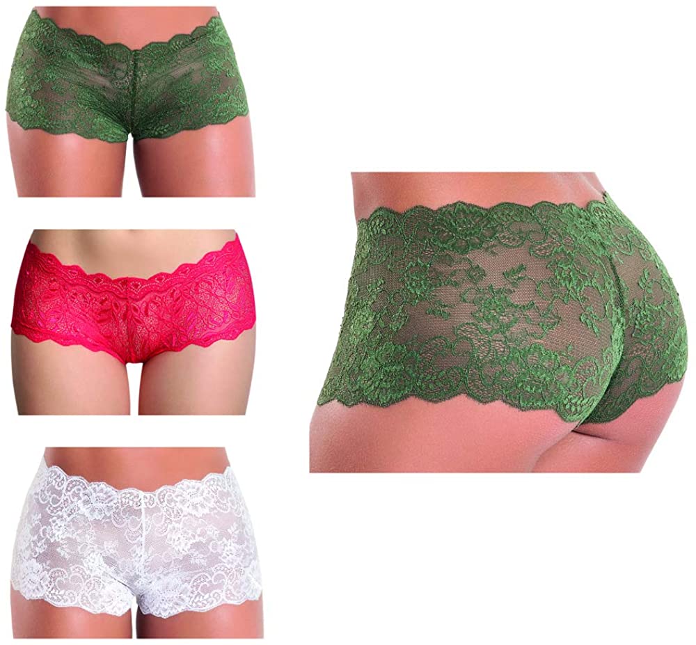 Besame Women Sexy Lingerie Cheeky Lace Hipster Panties Underwear Pack of 3  - Small / 3 Pack Style 1 (White-green-red)