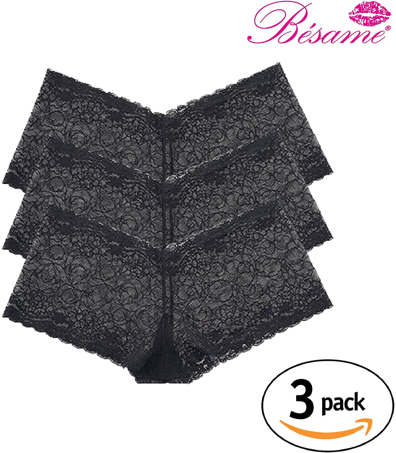 Womens Lace Underwear High Waist Panties Sexy Set 3-pack, Black, L